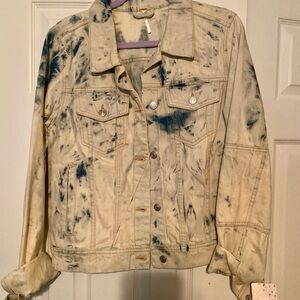 Free People Cream and Blue Tie-Dye Jean Jacket